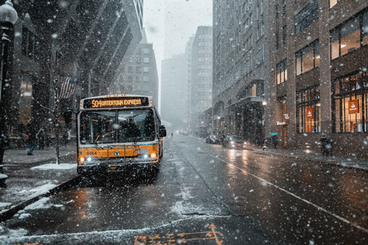 Picture of snow in a city with a school bus